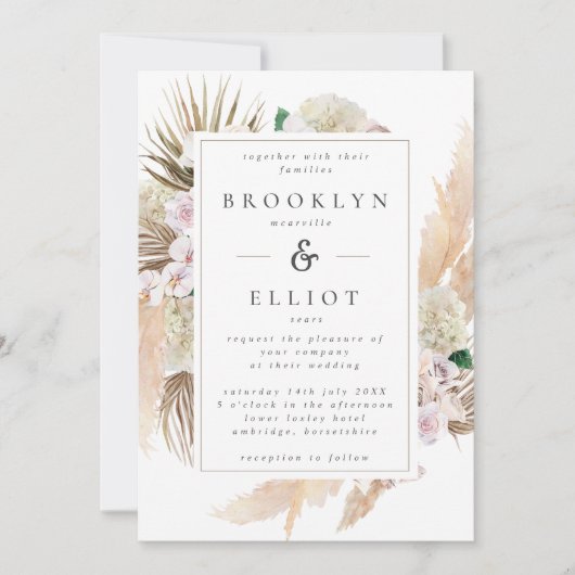 Waterverf Pampas Grass & Flowers Boho Wedding Kaart (Voorkant)