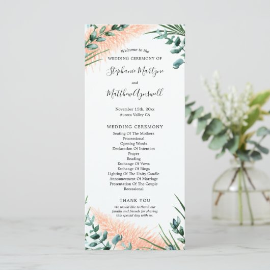 Waterverf Pampas Grass Foliage Trouwceremonie Programmakaart (Staand voorkant)