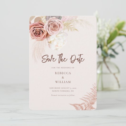 Waterverf Pampas Grass Script Wedding Save The Date (Staand voorkant)