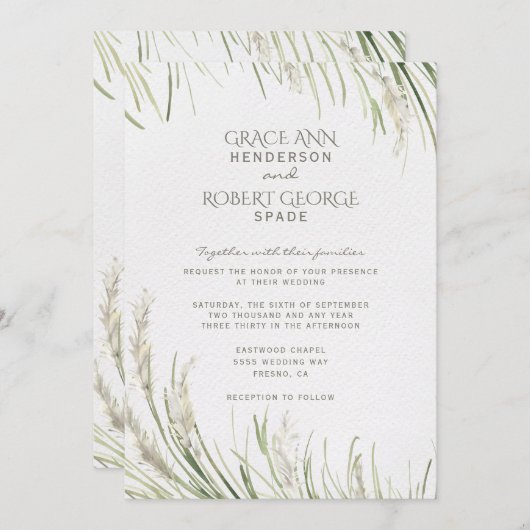 Waterverf Pampas Grass Wedding Uitnodiging (Voorkant / Achterkant)