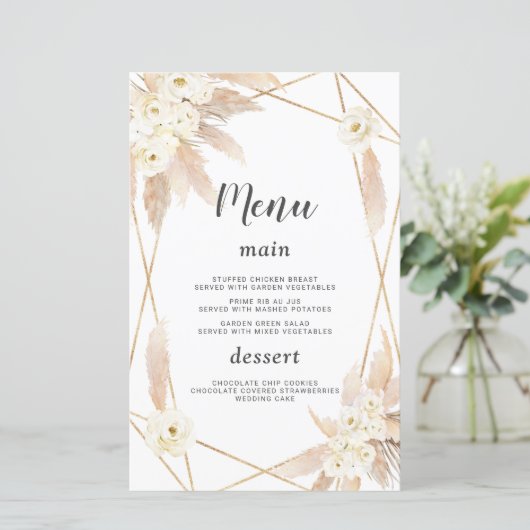 Waterverf Pampas Grass White Flowers Weddenmenu (Staand voorkant)