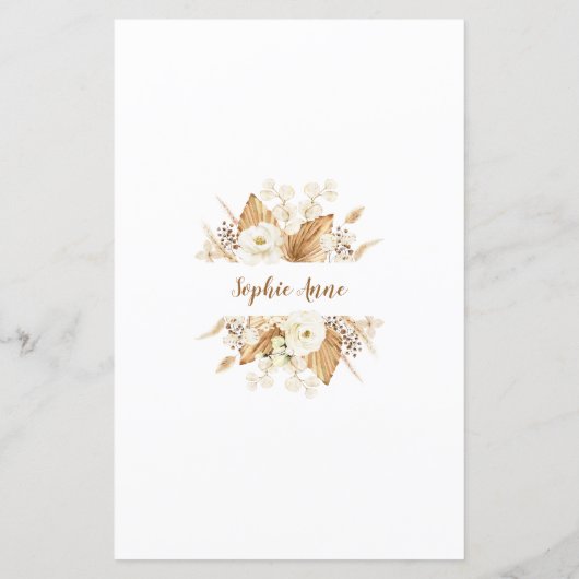 Waterverf Pampas Grass Wit Bloemen Verjaardagsmenu (Achterkant)