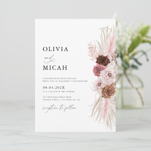 waterverf pampas stoffig roos bruiloft kaart (Staand voorkant)