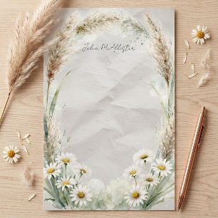 Waterverf Pampasgras en Witte Madeliefjes Botanisc Briefpapier