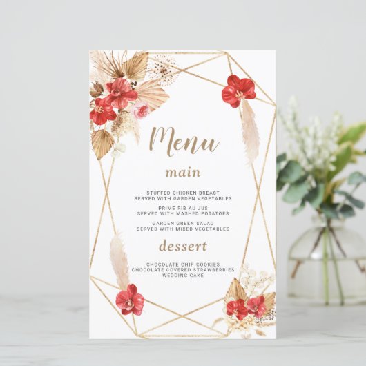 Waterverf Pampasgras Witte Bloemen Trouwmenu (Staand voorkant)