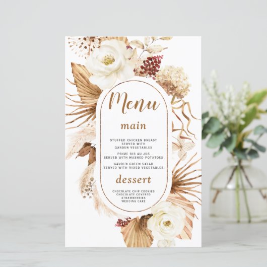 Waterverf Pampasgras Witte Bloemen Verjaardagsmenu (Staand voorkant)