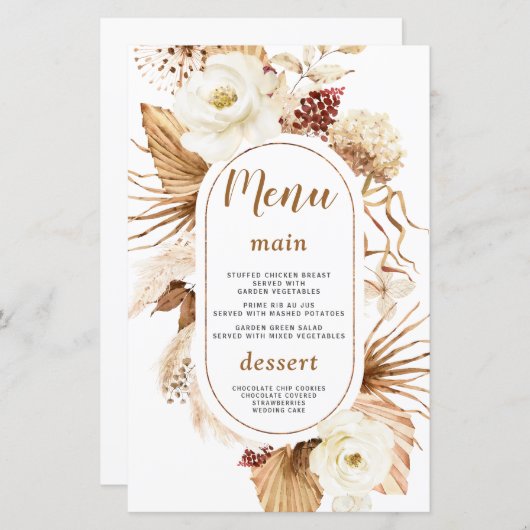 Waterverf Pampasgras Witte Bloemen Verjaardagsmenu (Voorkant / Achterkant)