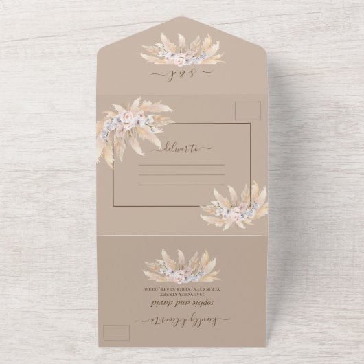 Waterverf Pampasgras Witte Orchidee Rozen Bruiloft All In One Uitnodiging (Buitenkant)