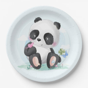 Waterverf Panda Beer met Vlinders Papieren Bordje