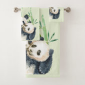 Waterverf Panda Beren Mam en Baby in Bamboo Bad Handdoek (Insitu)