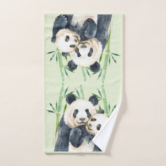 Waterverf Panda Beren Mam en Baby in Bamboo Bad Handdoek (Handdoek)