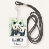 Waterverf Panda Beren Mam en Baby in Bamboo Badge (Achterkant met draagriem)