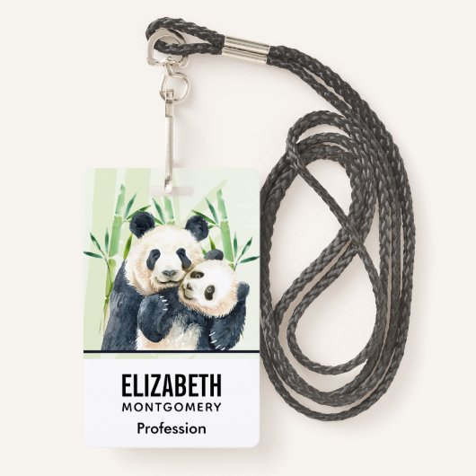 Waterverf Panda Beren Mam en Baby in Bamboo Badge (Voorkant met draagriem)