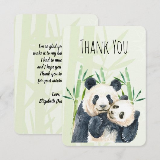 Waterverf Panda Beren Mam en Baby in Bamboo Bedankkaart (Voorkant / Achterkant)