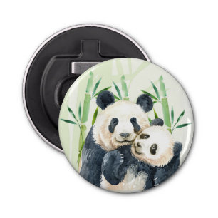 Waterverf Panda Beren Mam en Baby in Bamboo Button Flesopener