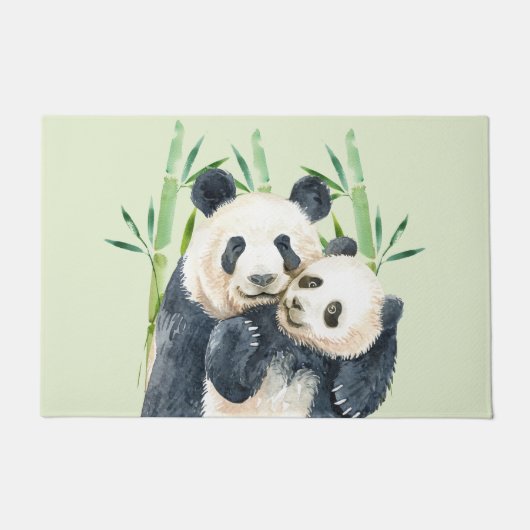 Waterverf Panda Beren Mam en Baby in Bamboo Deurmat (Voorkant)