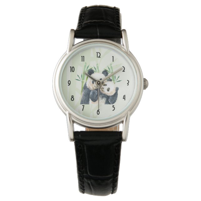 Waterverf Panda Beren Mam en Baby in Bamboo Horloge (Voorkant)