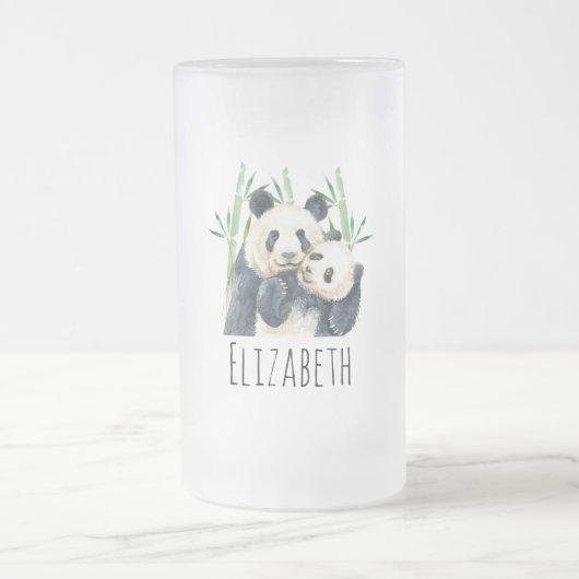 Waterverf Panda Beren Mam en Baby in Bamboo Matglas Bierpul (Center)