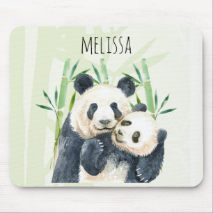 Waterverf Panda Beren Mam en Baby in Bamboo Muismat