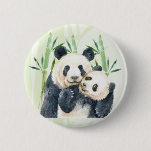 Waterverf Panda Beren Mam en Baby in Bamboo Ronde Button 5,7 Cm