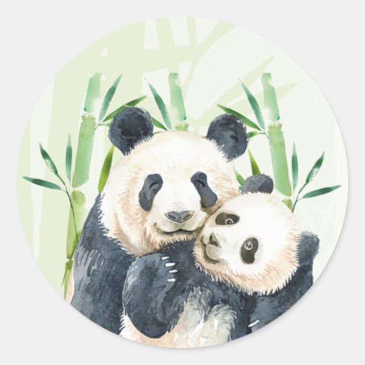 Waterverf Panda Beren Mam en Baby in Bamboo Ronde Sticker (Voorkant)