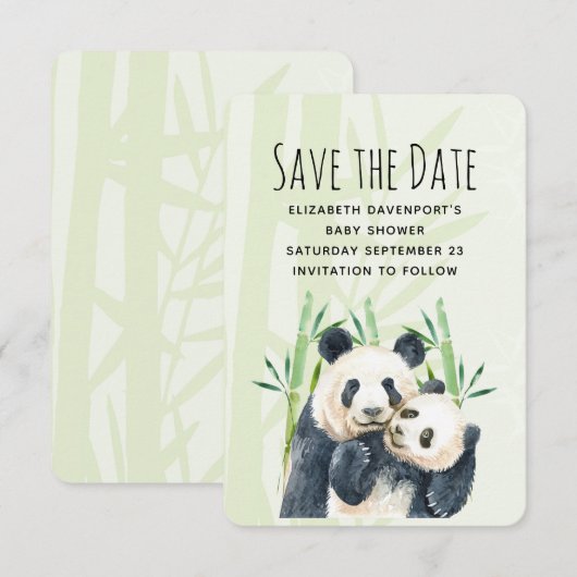 Waterverf Panda Beren Mam en Baby in Bamboo Save The Date (Voorkant / Achterkant)