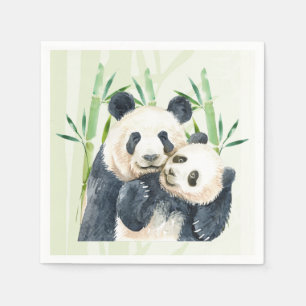 Waterverf Panda Beren Mam en Baby in Bamboo Servet
