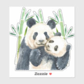 Waterverf Panda Beren Mam en Baby in Bamboo Sticker (Vel)