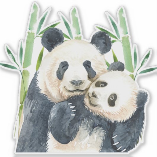 Waterverf Panda Beren Mam en Baby in Bamboo Sticker (Voorkant)