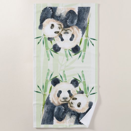 Waterverf Panda Beren Mam en Baby in Bamboo Strandlaken (Voorkant)