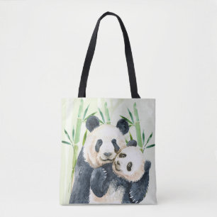 Waterverf Panda Beren Mam en Baby in Bamboo Tote Bag