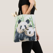 Waterverf Panda Beren Mam en Baby in Bamboo Tote Bag (Dichtbij)