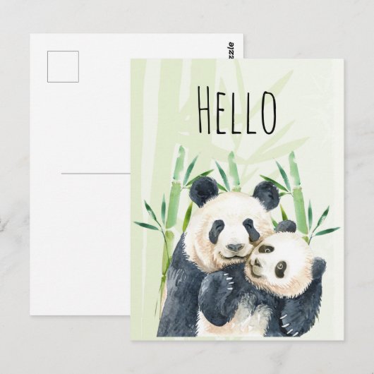 Waterverf Panda Beren Moeder & Baby Hallo in Bambo Briefkaart (Voorkant / Achterkant)