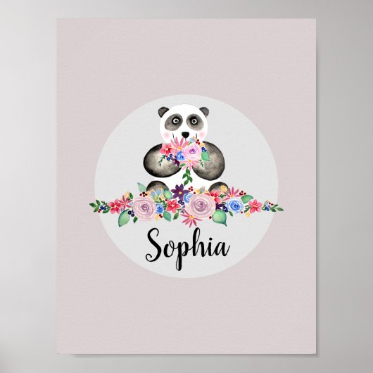 Waterverf Panda en naam van Girls Beauful Flowers Poster (Voorkant)