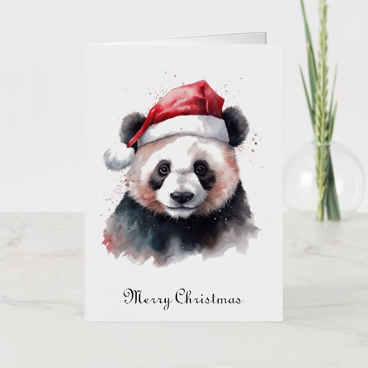 Waterverf Panda Kerstmuts Merry Christmas Kaart (Voorkant)