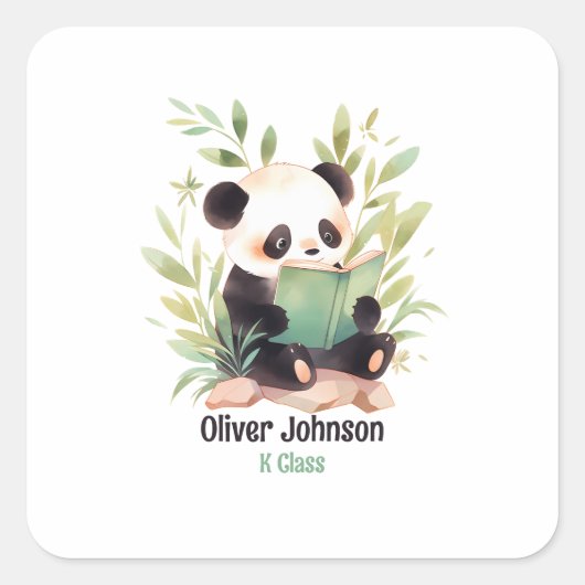 Waterverf Panda Lezen Een Boek Naam Vierkante Sticker (Voorkant)