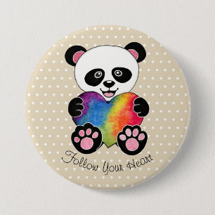 Waterverf Panda met regenbooghart Ronde Button 7,6 Cm