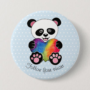 Waterverf Panda met regenbooghart Ronde Button 7,6 Cm
