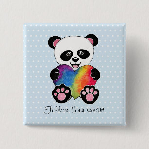 Waterverf Panda met regenbooghart Vierkante Button 5,1 Cm