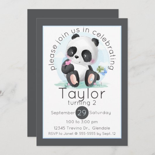 Waterverf Panda met Vlinders Verjaardag Kaart (Voorkant / Achterkant)