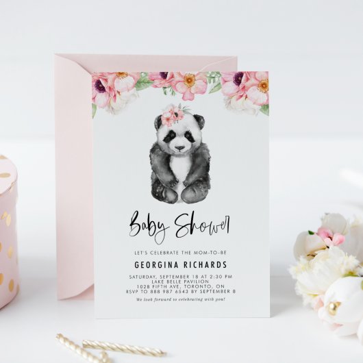 Waterverf Panda Roze Anemones Girl Baby shower Kaart