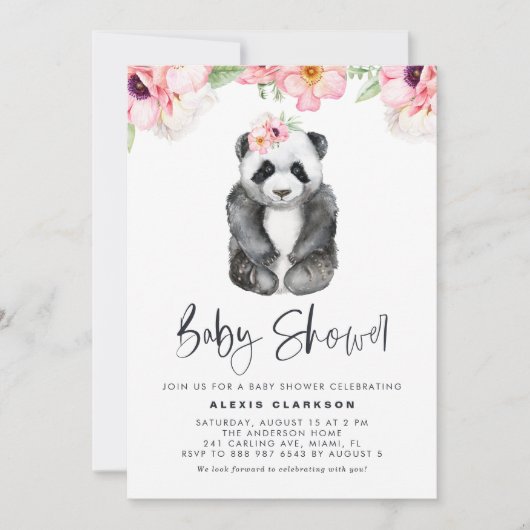 Waterverf Panda Roze Anemones Girl Baby shower Kaart (Voorkant)