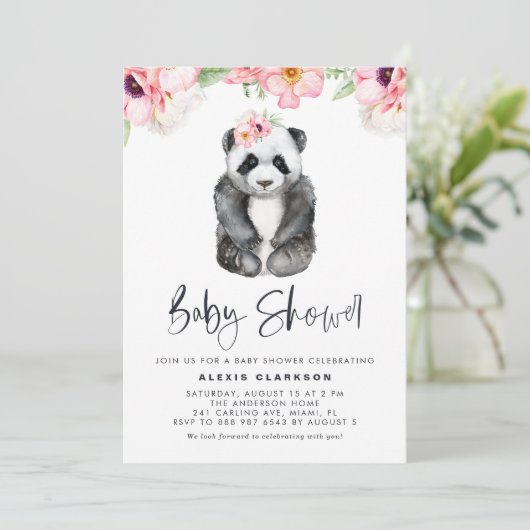 Waterverf Panda Roze Anemones Girl Baby shower Kaart (Staand voorkant)