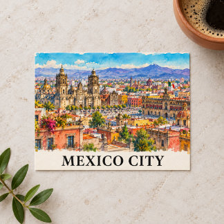 Waterverf Panorama van Mexico Stad Reizen Briefkaart