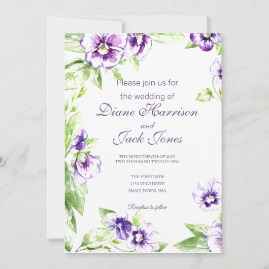 Waterverf Pansies bruiloft Kaart (Voorkant)