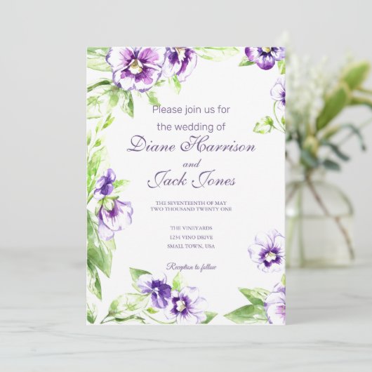 Waterverf Pansies bruiloft Kaart (Staand voorkant)