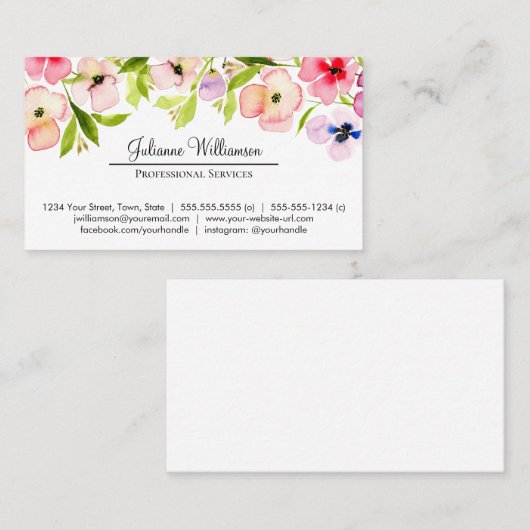 Waterverf Pansies Eenvoudige Persoonlijke Professi Visitekaartje (Voorkant / Achterkant)