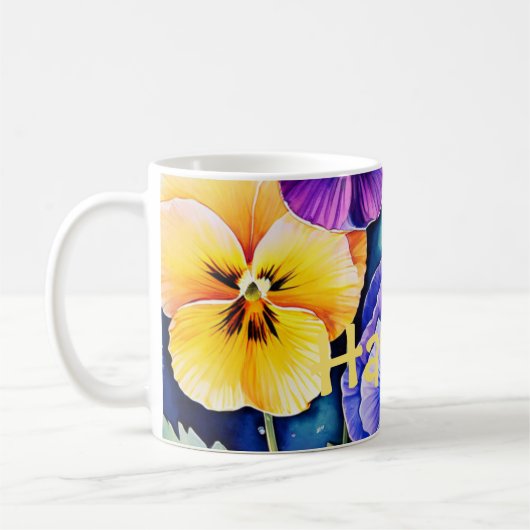 Waterverf Pansies gepersonaliseerde mok (Links)