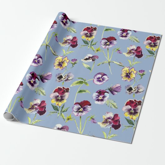  Waterverf Pansies Patroon Cerulean Blue Cadeaupapier (Uitgerold)
