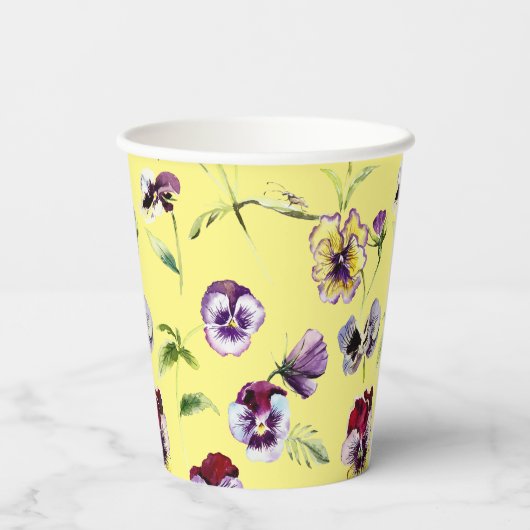  Waterverf Pansies Patroon op Geel Papieren Bekers (Achterkant)